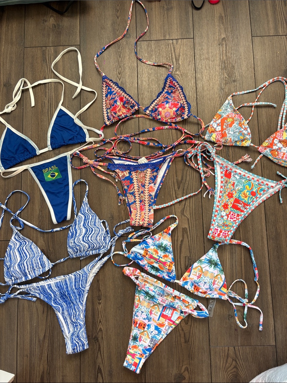 Mixed Pattern String Bikini Set - Blue, Orange, Red, Multicolor